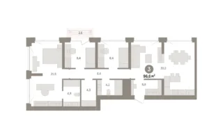 3 комн. Квартира 96.6 кв. м