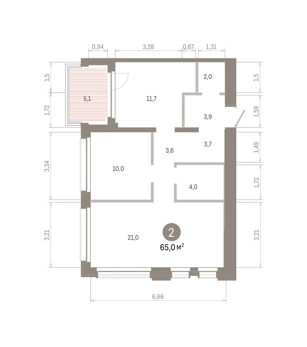 2 комн. Квартира 65 кв. м