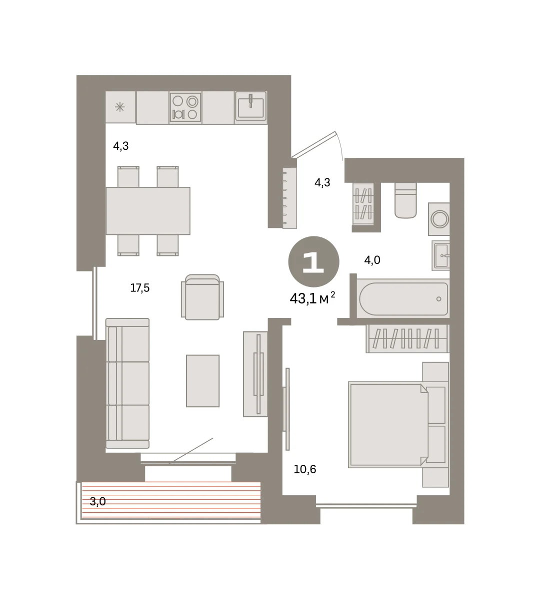 1 комн. Квартира 43.1 кв. м