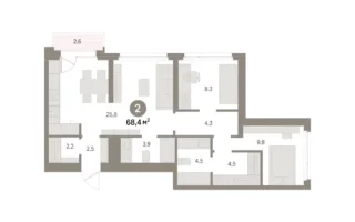 2 комн. Квартира 68.4 кв. м