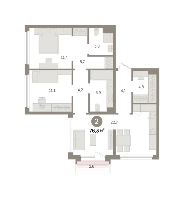 2 комн. Квартира 76.3 кв. м