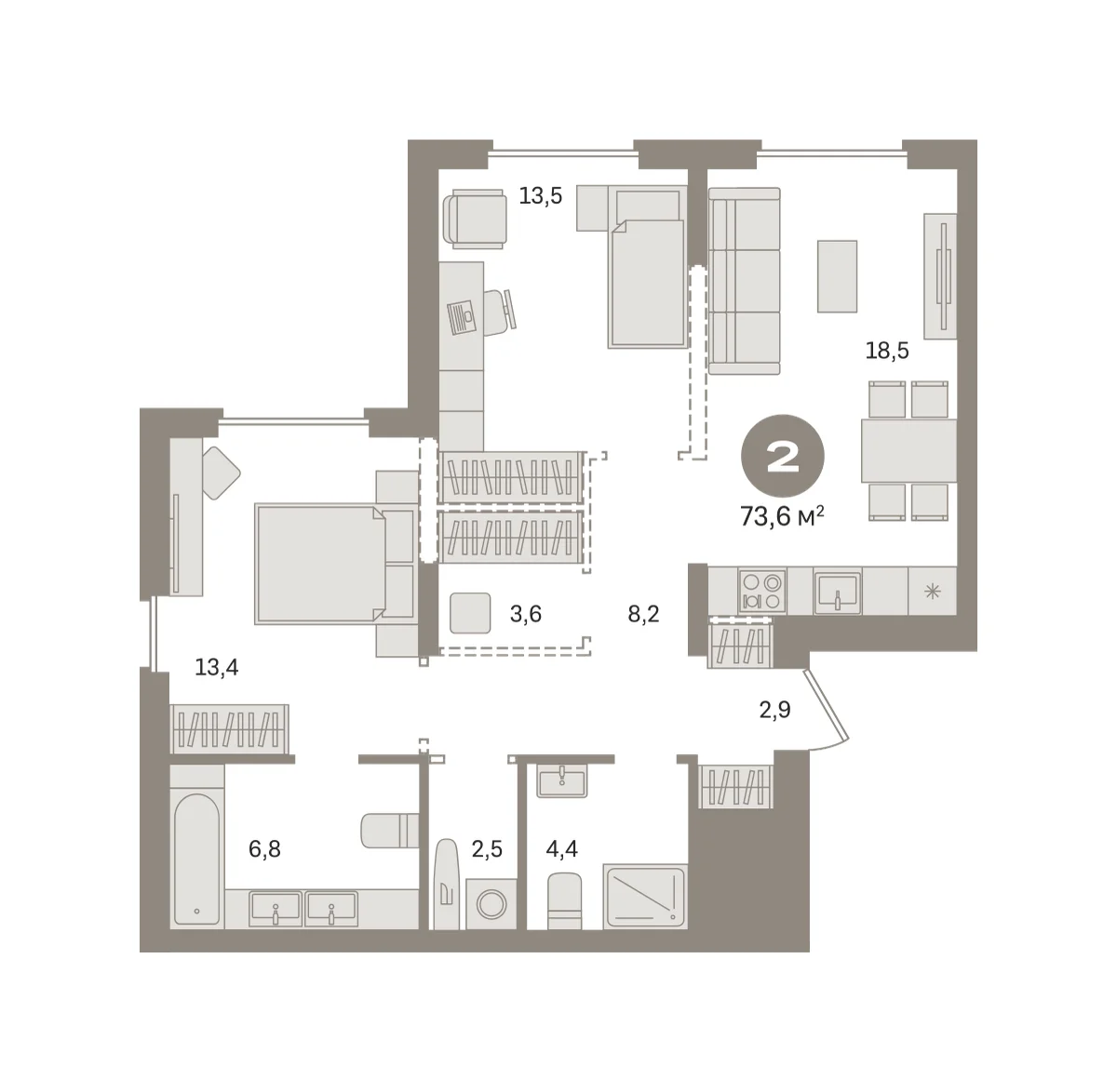 2 комн. Квартира 73.6 кв. м