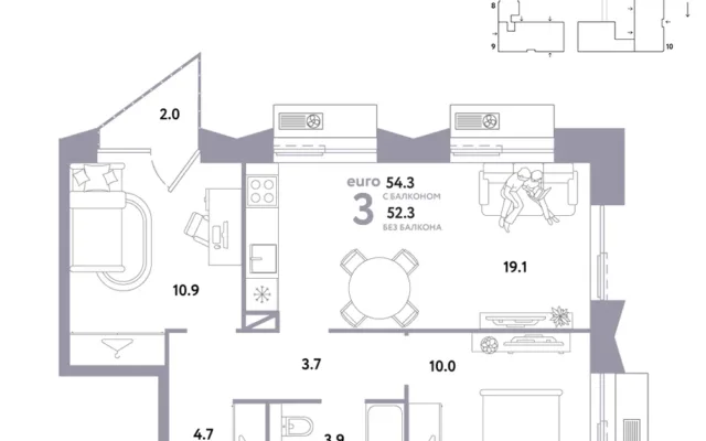 3 комн. Квартира 54.3 кв. м, Москва