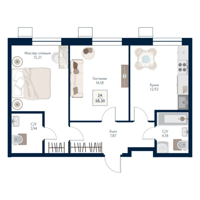 2 комн. Квартира 58.3 кв. м