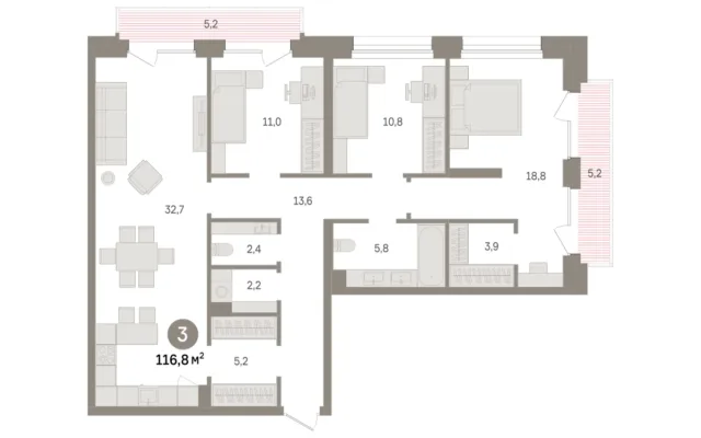 3 комн. Квартира 116.8 кв. м, Московская область Москва