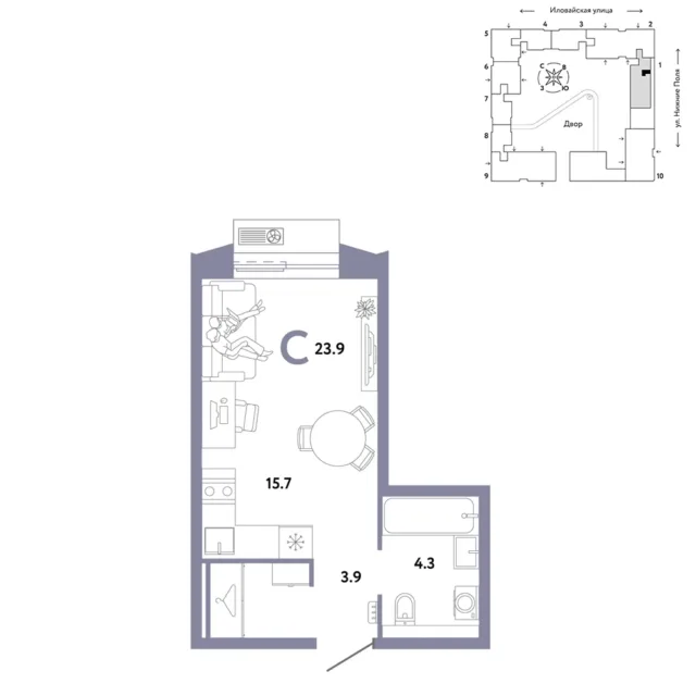 1 комн. Квартира 23.9 кв. м