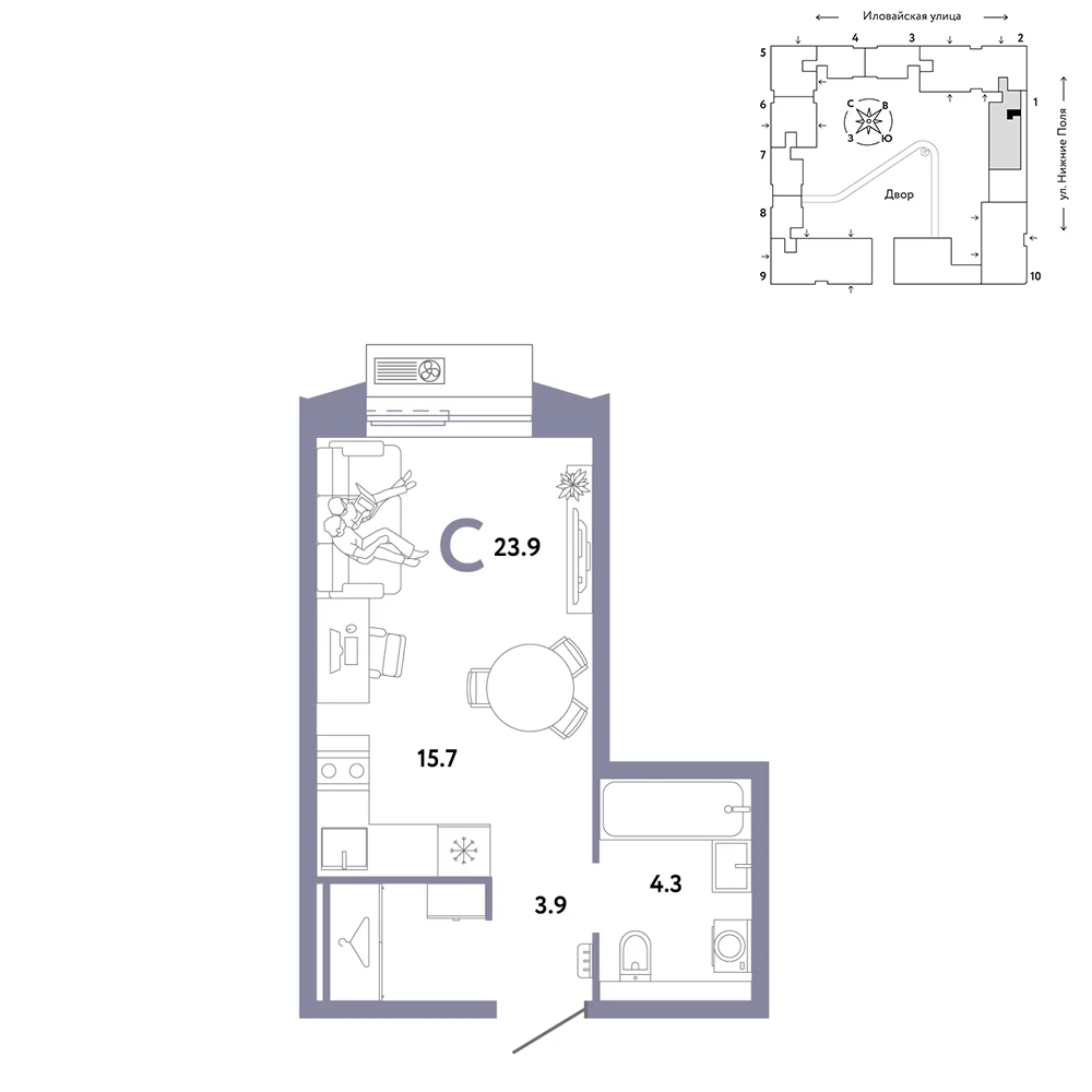 1 комн. Квартира 23.9 кв. м