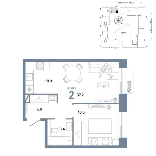 2 комн. Квартира 37.2 кв. м