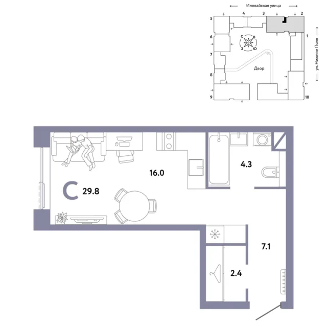 1 комн. Квартира 29.8 кв. м