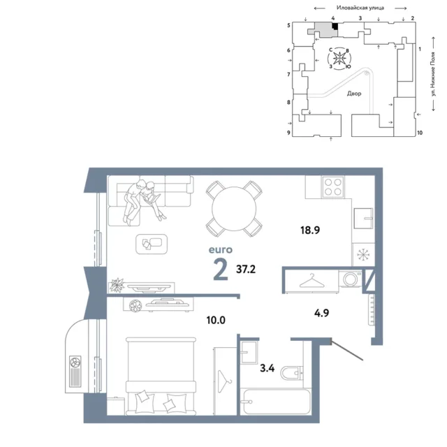 2 комн. Квартира 37.2 кв. м