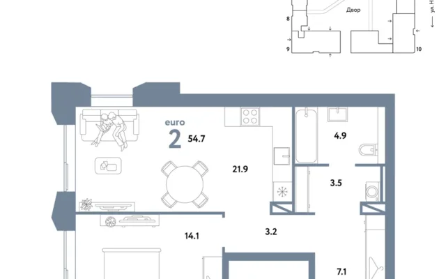 2 комн. Квартира 54.7 кв. м, Москва