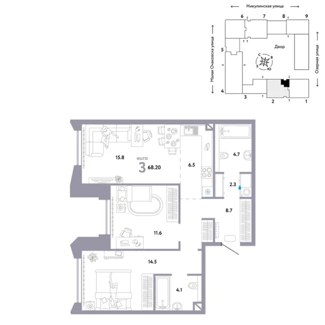 3 комн. Квартира 68.4 кв. м