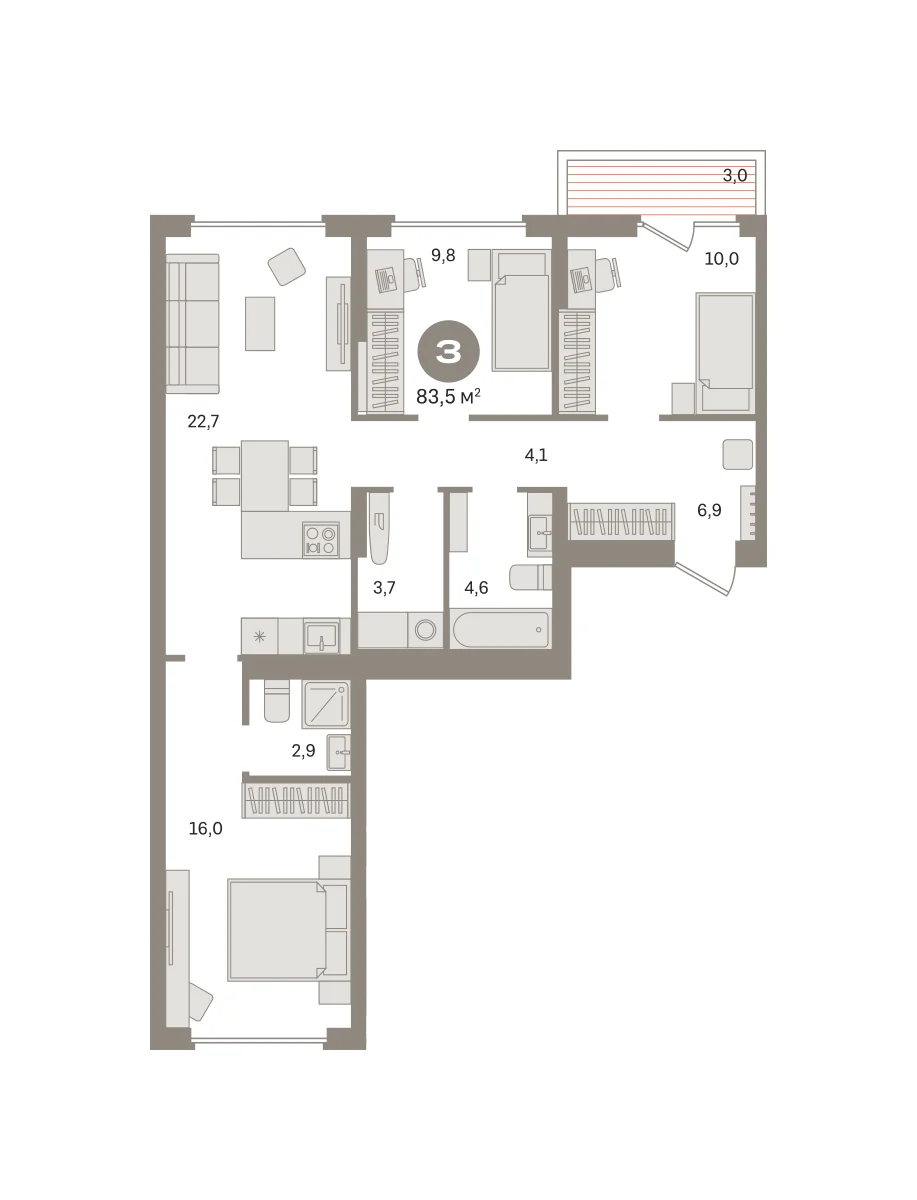 3 комн. Квартира 83.5 кв. м