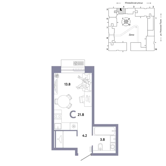 1 комн. Квартира 21.8 кв. м
