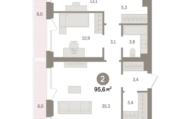 2 комн. Квартира 95.6 кв. м, Московская область Москва