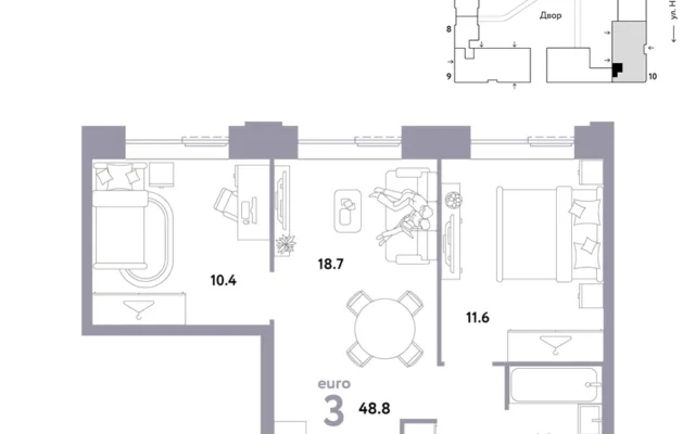 3 комн. Квартира 48.8 кв. м, Москва