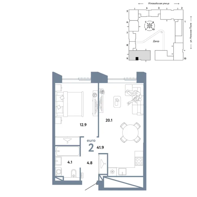 2 комн. Квартира 41.9 кв. м