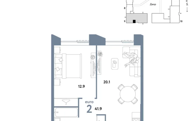 2 комн. Квартира 41.9 кв. м, Москва