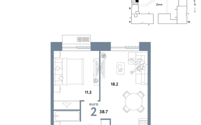 2 комн. Квартира 38.7 кв. м, Москва