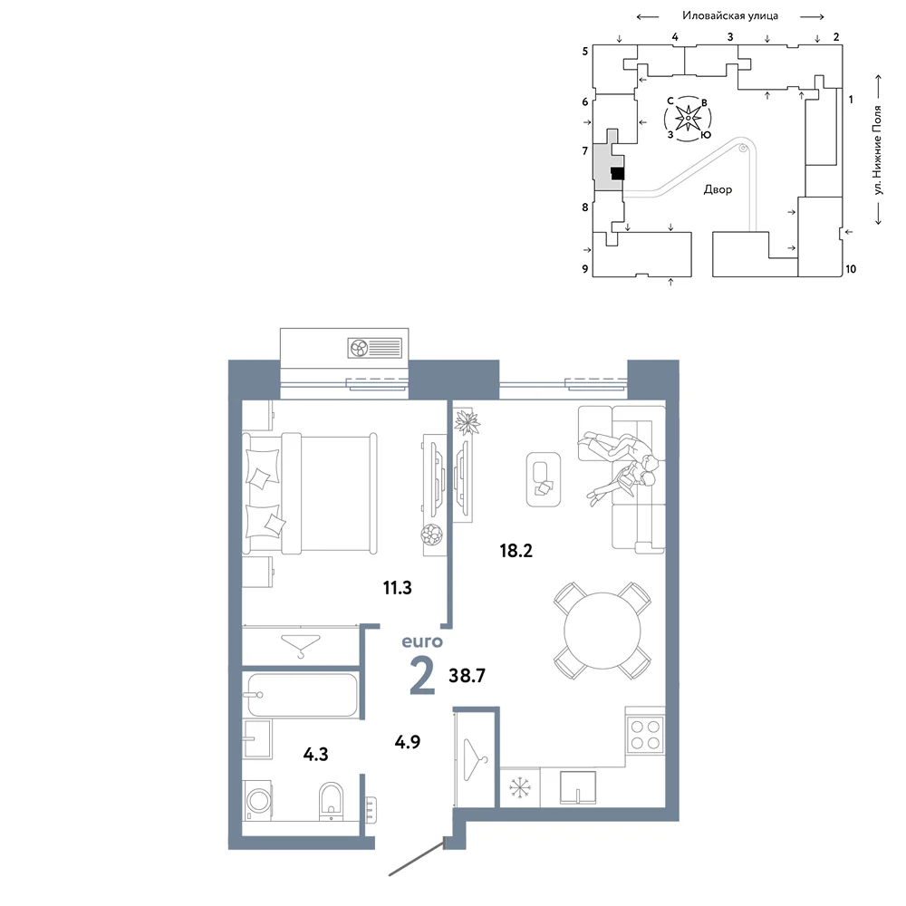 2 комн. Квартира 38.7 кв. м