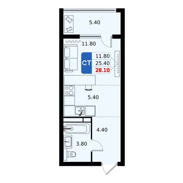 1 комн. Квартира 28.1 кв. м