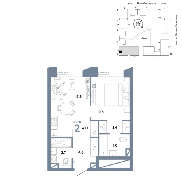 2 комн. Квартира 41.1 кв. м