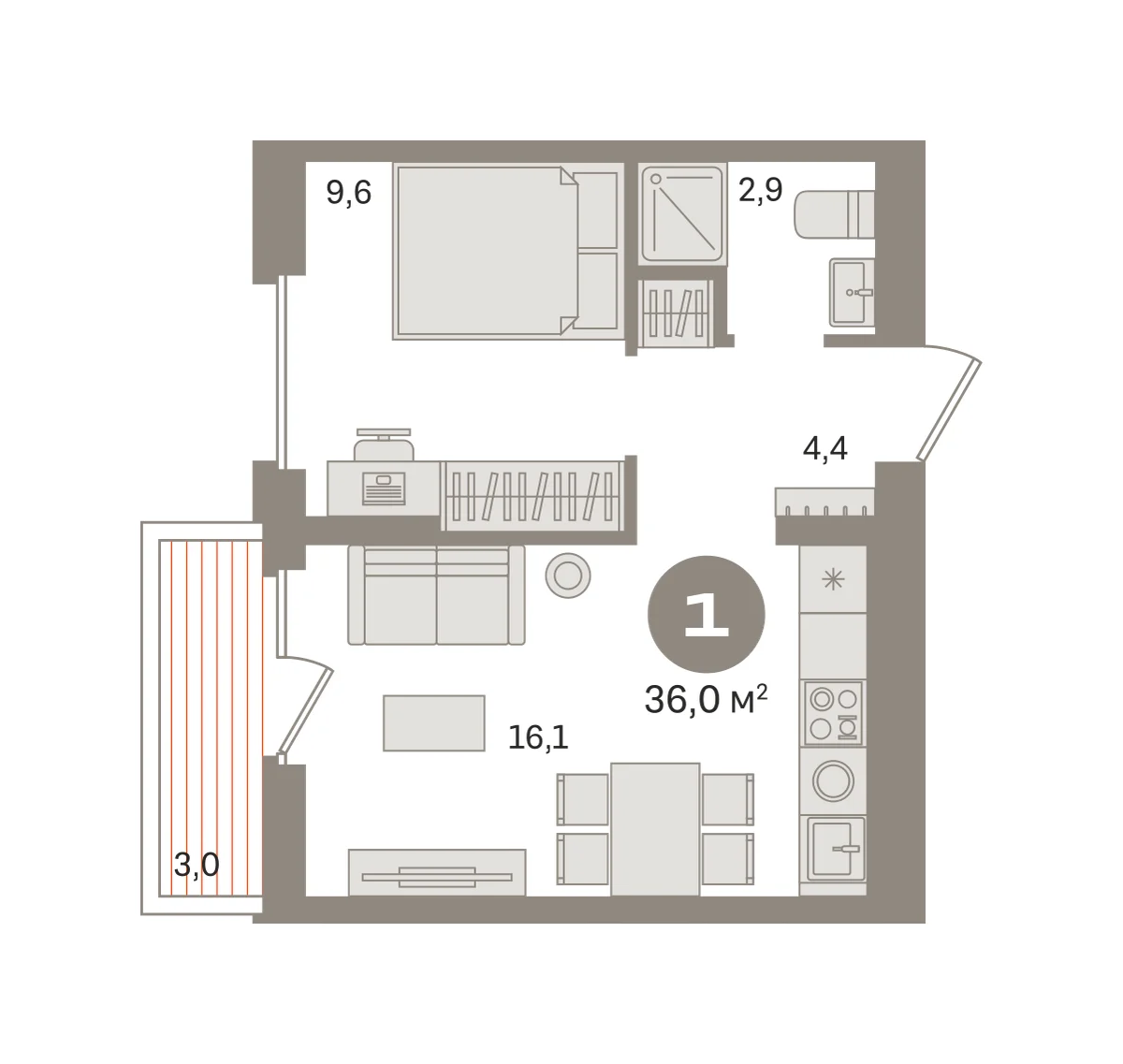 1 комн. Квартира 36 кв. м