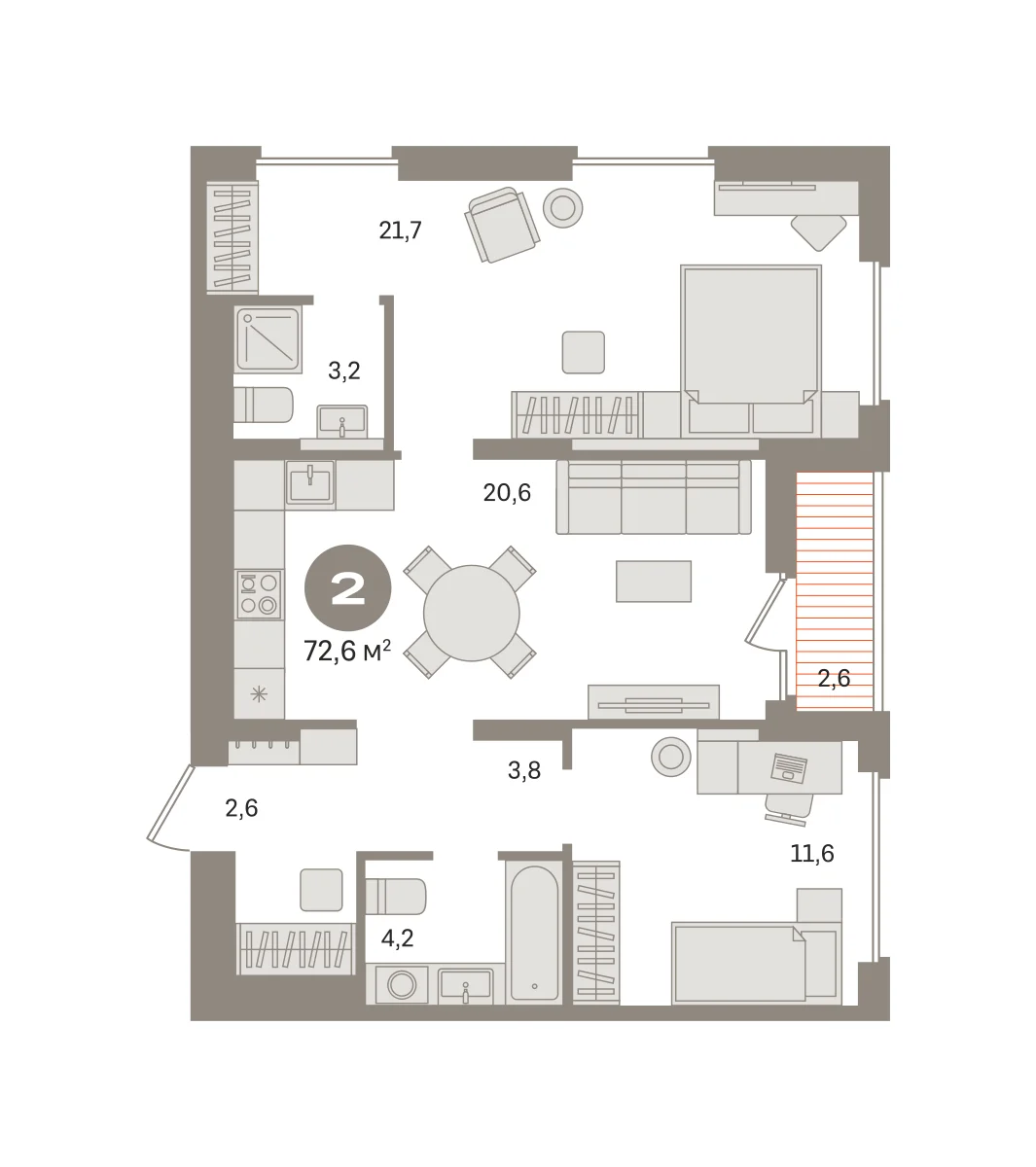 2 комн. Квартира 72.6 кв. м