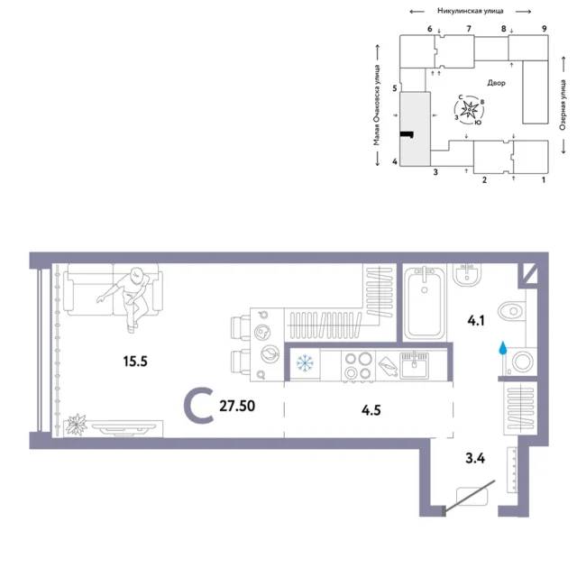 1 комн. Квартира 27.6 кв. м