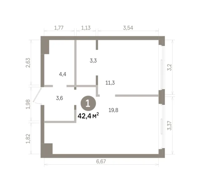 1 комн. Квартира 42.4 кв. м