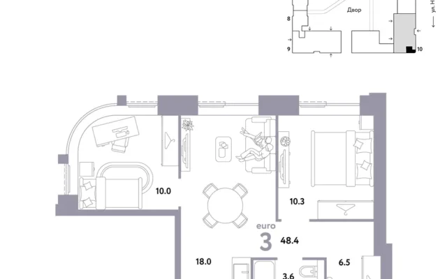 3 комн. Квартира 48.4 кв. м, Москва