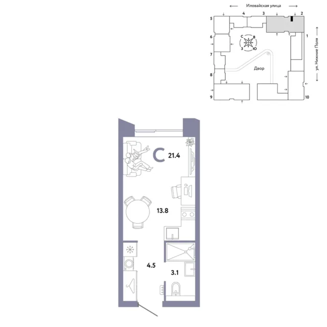 1 комн. Квартира 21.4 кв. м