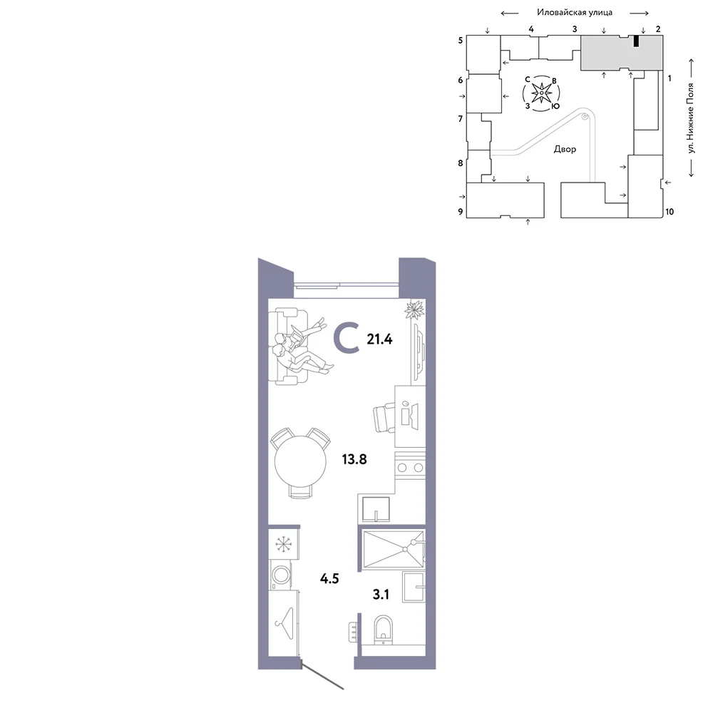 1 комн. Квартира 21.4 кв. м