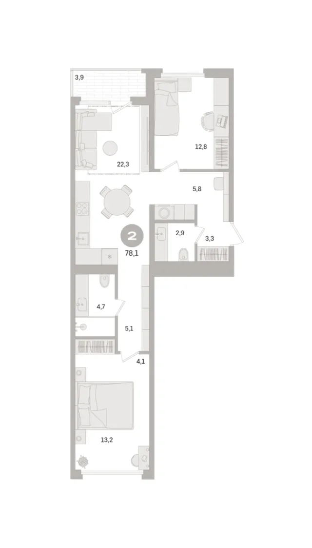 2 комн. Квартира 78.1 кв. м