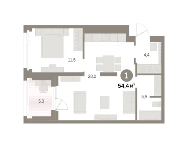1 комн. Квартира 54.4 кв. м