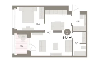 1 комн. Квартира 54.4 кв. м