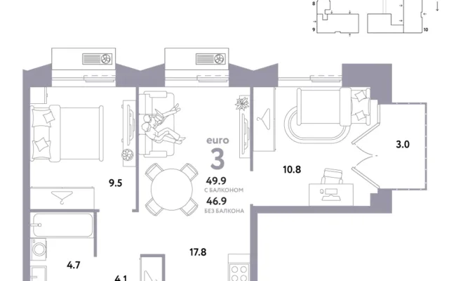 3 комн. Квартира 49.9 кв. м, Москва