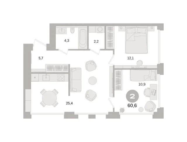 2 комн. Квартира 60.6 кв. м