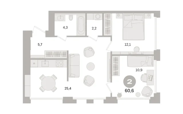 2 комн. Квартира 60.6 кв. м, Московская область Москва