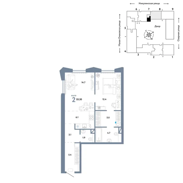 2 комн. Квартира 55.2 кв. м