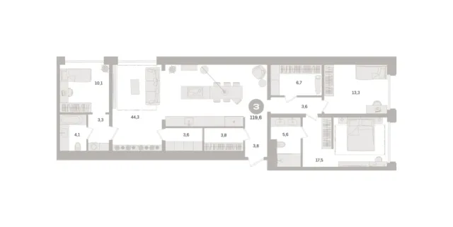 3 комн. Квартира 119.6 кв. м