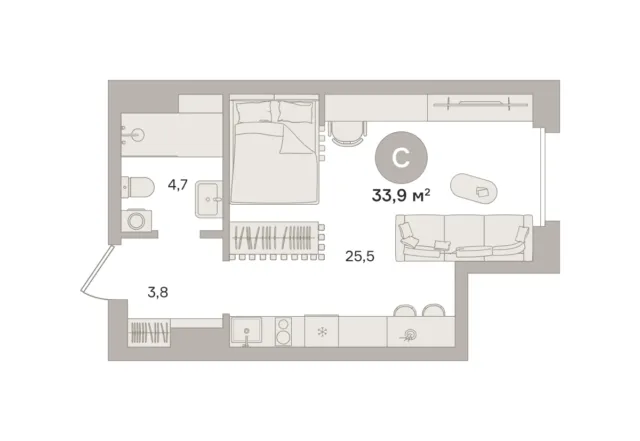 Квартира 33.9 кв. м