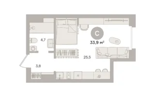 Квартира 33.9 кв. м