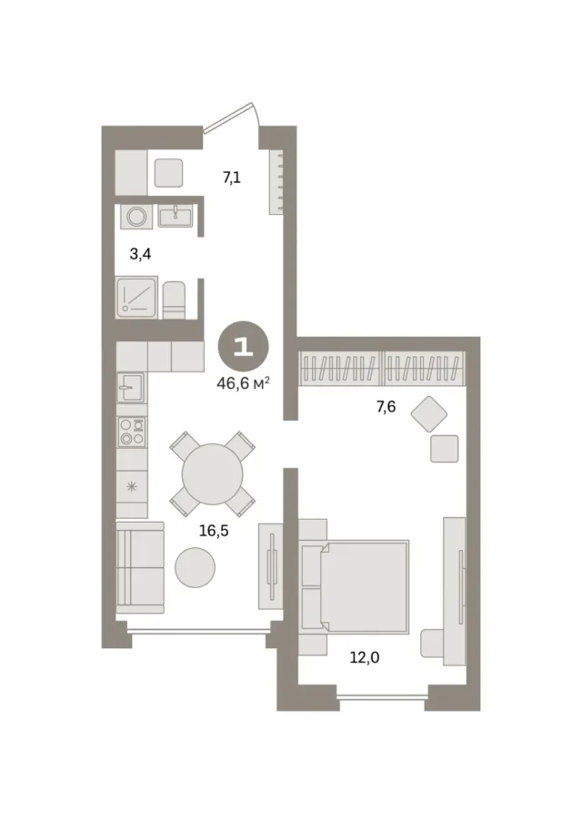 1 комн. Квартира 46.6 кв. м