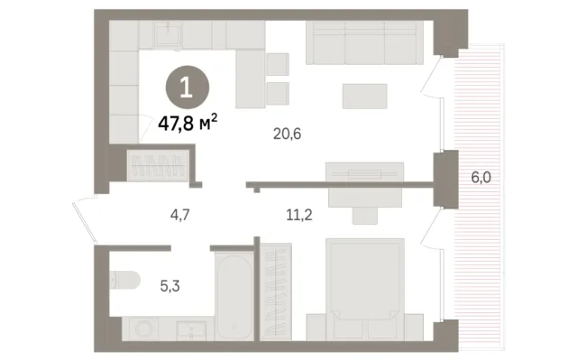 1 комн. Квартира 47.8 кв. м, Московская область Москва