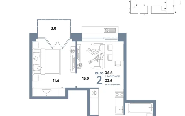 2 комн. Квартира 36.6 кв. м, Москва