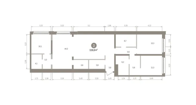3 комн. Квартира 119.6 кв. м