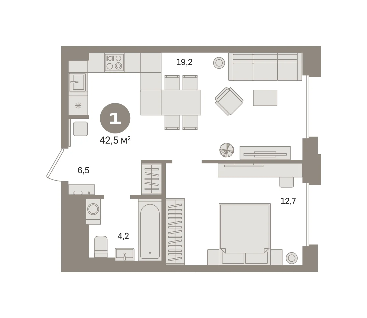 1 комн. Квартира 42.5 кв. м