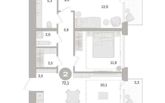 2 комн. Квартира 72.1 кв. м, Московская область Москва