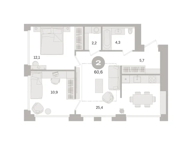 2 комн. Квартира 60.6 кв. м